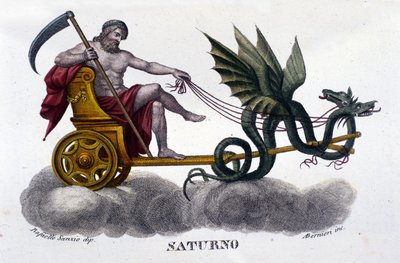 De god Saturnus (of Cronos) op een wagen getrokken door twee draken. Naar een illustratie van Raffaello Sanzio. Gravure uit de 19e eeuw door Unknown artist