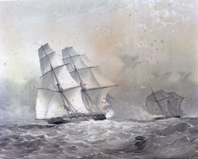De HMS Acorn brik van 16 kanonnen achtervolgt de Negrier Gabriel door Unknown artist