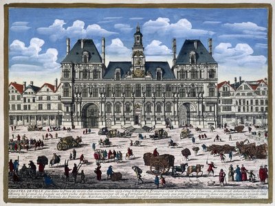 Het Hôtel de Ville de Paris en zijn plein in de 16e eeuw - gravure door Unknown artist