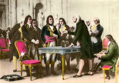 De Italiaanse natuurkundige Alessandro Volta (1745-1827) presenteert zijn batterij aan Napoleon Bonaparte. 1801 Privécollectie door Unknown artist
