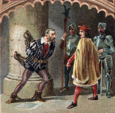 De koning van Frankrijk Lodewijk XII heeft Ludovic Marie Sforza, bekend als de More, opgesloten in het kasteel van Loches, in Touraine. Chromolithografie uit de late 19e eeuw. door Unknown artist