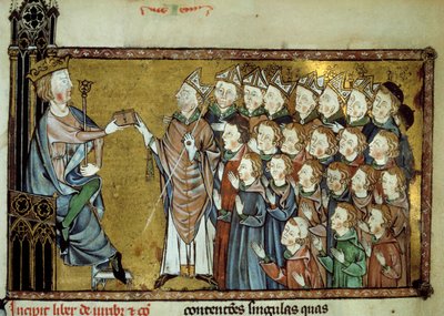De koning van Frankrijk Lodewijk X de Hutin (1289-1316) overhandigde het Handvest aan de Normandiërs op 19/03/1315, wat meer onafhankelijkheid en minder belastingen voor het hertogdom Normandië betekende. Miniatuur uit een 14e-eeuws manuscript door Unknown artist