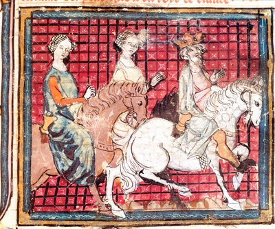 De koning van de Franken Chilperic I (543-597) en Fredegonde te paard. Miniatuur uit 