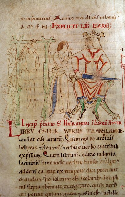 De gerechtigheid van de koning Tussen 1098 en 1109 Een koning met een kroon zittend op een troon en een zwaard vasthoudend, naast een ophangscène. Pagina uit een manuscript 