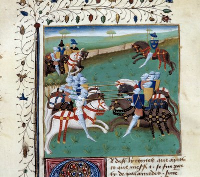 De Ridders van de Ronde Tafel nemen deel aan een ridderlijk toernooi. Miniatuur uit het manuscript 