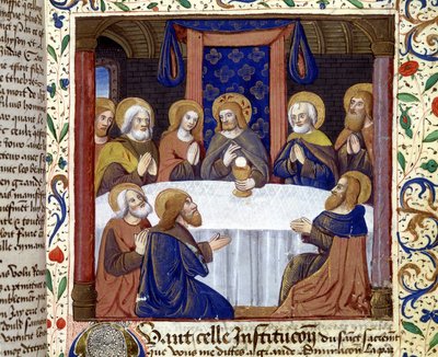 Het Laatste Avondmaal. (Christus omringd door zijn apostelen) - verluchting van de Middeleeuwen, sd. door Unknown artist