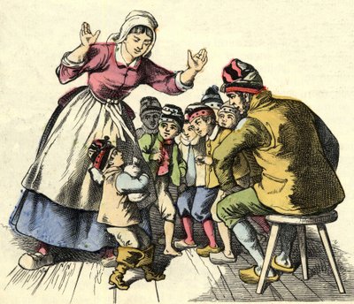 Klein Duimpje en zijn broers gaan terug naar hun ouders (illustratie van het sprookje 