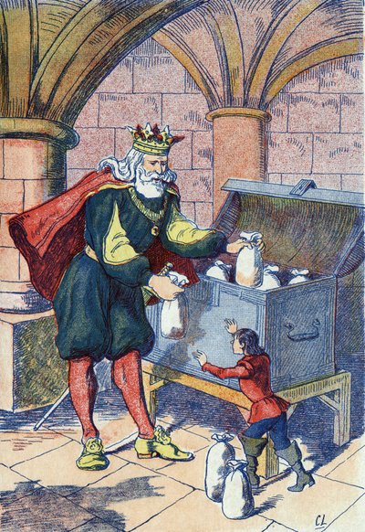 De kleine Poulet wordt beloond door de koning. Illustratie voor 