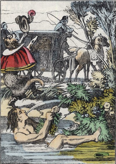 De Markies van Carabas doet alsof hij verdrinkt terwijl de laars kat om hulp roept (illustratie van het sprookje 