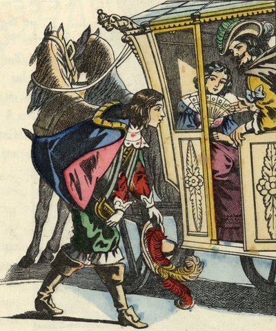 De Markies van Carabas begroet de koning en de prinses in hun koets. Illustratie van het sprookje 