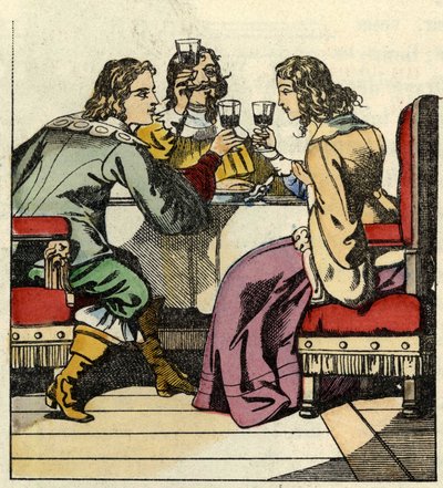 De Markies van Carabas nodigt de prinses en de koning uit om te eten in het kasteel. Illustratie van het sprookje 