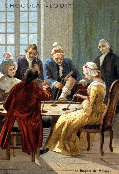 De Mesmer-emmer (Frederic Antoine Mesmer - Franz Anton Mesmer). Ervaring van Mesmer (1734 - 1815), een Duitse arts die beweerde "dierlijk magnetisme" te hebben ontdekt. Chromolithografie uit de 19e eeuw door Unknown artist