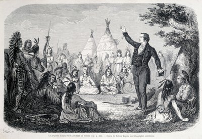 De Mormoonse Profeet Joseph Smith predikt de Indianen (Noord-Amerika). Illustratie uit de 19e eeuw. door Unknown artist