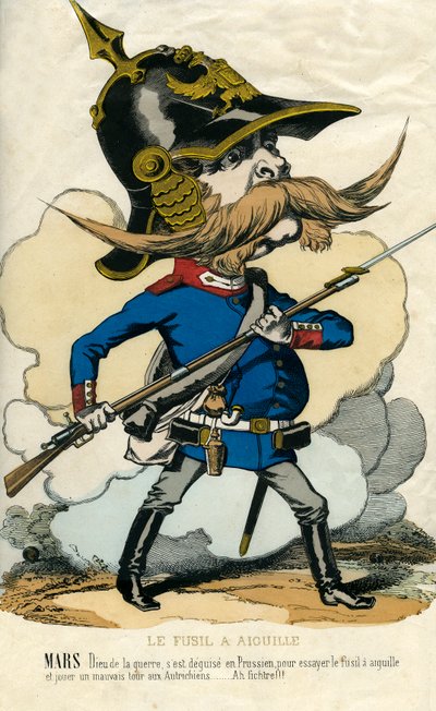 Het naaldgeweer - Portret van Otto Von Bismarck (1815-1898) kanselier van Pruisen - Mars, god van de oorlog, vermomd als Pruis om het naaldgeweer te proberen en de Oostenrijkers een streek te leveren... Karikatuur door Unknown artist