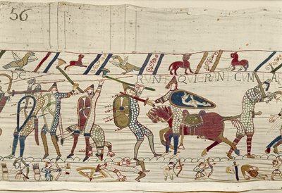 De Normandiërs vechten en doden degenen die bij koning Harold waren, Tapijt van Bayeux door Unknown artist