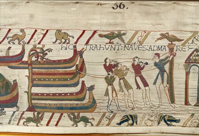 De Noormannen trekken hun schepen naar zee, Tapijt van Bayeux door Unknown artist