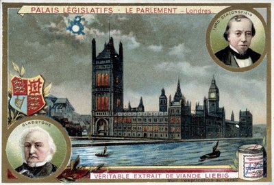 Het Paleis van Westminster, of Parlement van Londen, met portretten van William Ewart Gladstone en Benjamin Disraeli, Lord Beaconsfield door Unknown artist