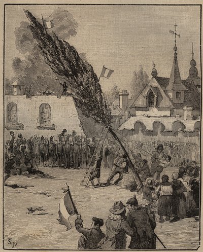 De aanplanting van een vrijheidsboom tijdens de revolutie - aanplanting van een vrijheidsboom (populier) in Frankrijk. Gravure uit 1885 in 