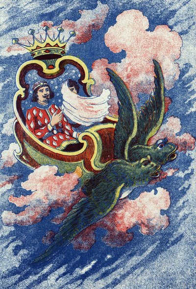 De prins en Truitonne gaan naar de Fee Soussio. Anonieme illustratie voor het sprookje "De blauwe vogel", sprookje door Madame d