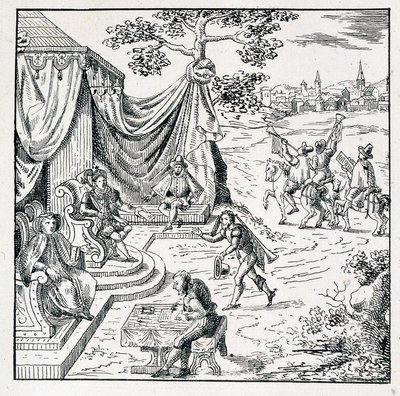 De Prins van Condé verkreeg van Karel IX (1550-1574) een edict waarmee hij de Calvinisten toestond hun religie in het koninkrijk uit te oefenen (Vrede van St Germain ondertekend 08/08/1570) - in "Collection of 39 figures representing the calamities of Fran door Unknown artist