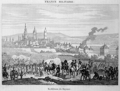 De Pruisische troepen namen de stad Mainz (of Mainz) in Duitsland over van de Fransen, juli 1793. Gravure uit de 19e eeuw door Unknown artist