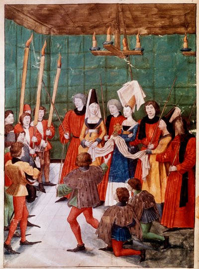 De koningin overhandigt de prijs aan de winnaar van het Miniatuurtoernooi uit het manuscript ms. 2695 Het Boek van Toernooien van Rene d