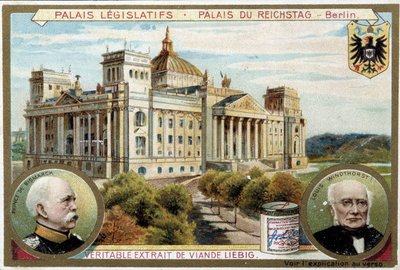 Het Reichstagpaleis in Berlijn, en portretten van Bismarck en Windthorst door Unknown artist