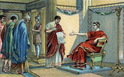 De Romeinse keizer Constantijn stelde de eerste religieuze wetten op betreffende de gelijkheid van geloven. Chromolithografie uit de late 19e eeuw door Unknown artist