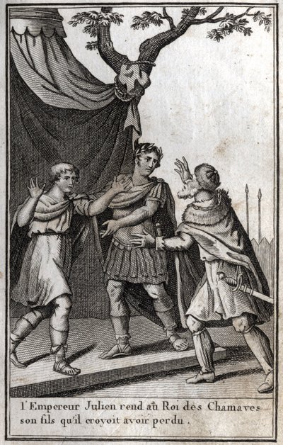 De Romeinse keizer Julianus geeft de koning van de Germaanse Chamaven zijn zoon terug die hij dacht te hebben verloren. 4e eeuw. Gravure in 