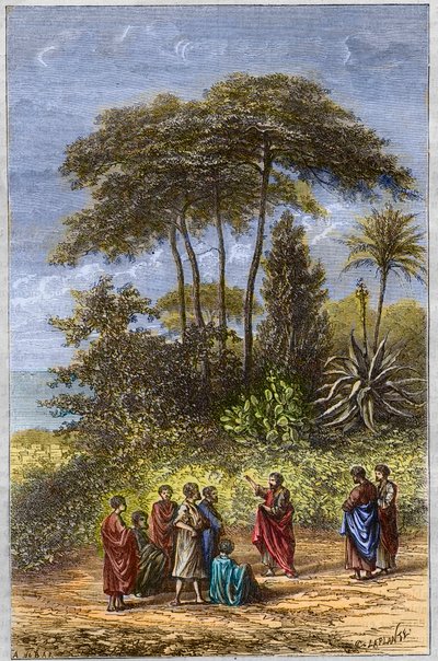 De school van Pythagoras - Pythagoras onder zijn leerlingen in Crotona (gravure 1879) door Unknown artist