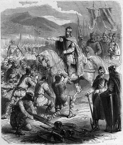 De onderwerping van de Saksen in 785 - Geschiedenis van Gallië in de Middeleeuwen: de Saksen van Germania knielen voor koning Karel de Grote (742-814) winnaar van de oorlogen (gravure in 