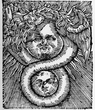 De Zon en de Maan: verenigd door de Draak - Gravure uit het werk van Basil Valentine 