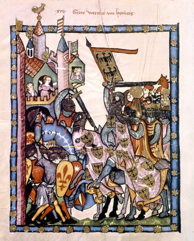 De Zwitserse dichter en ridder Graaf Werner von Homberg (1284-1320) in dienst van keizer Hendrik VII belegerde een bolwerk verdedigd door de Angevijnse troepen van Sicilië. Miniatuur van de Codex “Manesse”, of “Manessesche Liederhandschrift” door Unknown artist