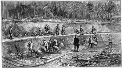 De Trans-Siberische Spoorlijn: Chinese arbeidersplaats. (Van een foto). Gravure in 