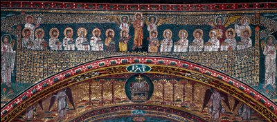 De Visie van Hemels Jeruzalem: De Uitverkorenen worden verwelkomd door de engelen. Hieronder het lam van God. Detail. Mozaïek rond 830. Triomfboog van de Basiliek van Santa Prassede, Rome door Unknown artist