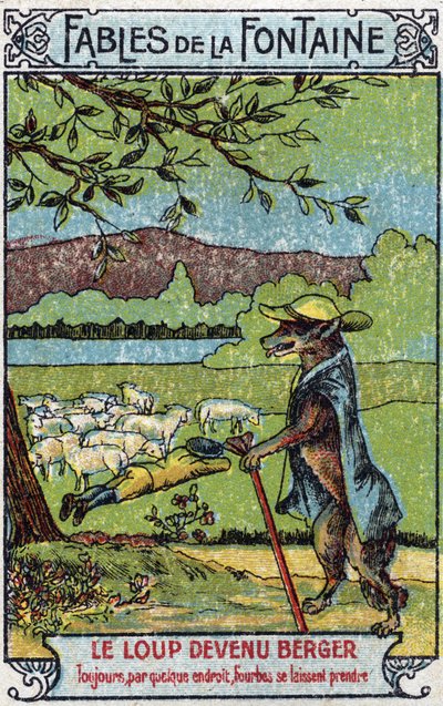 De Wolf werd Berger - Fabels van Jean de La Fontaine (1621-95) - Chromolithografie eind 19e eeuw Privécollectie door Unknown artist