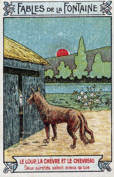 De Wolf, de Cheve en de Geit - Fabels van Jean de La Fontaine (1621-95) - Chromolithografie van het einde van de 19e eeuw Privécollectie door Unknown artist