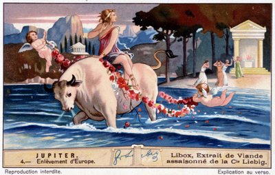 De ontvoering van Europa door Jupiter, lijkt op een witte stier - Libox chromolithografie, geproduceerd door Liebig door Unknown artist