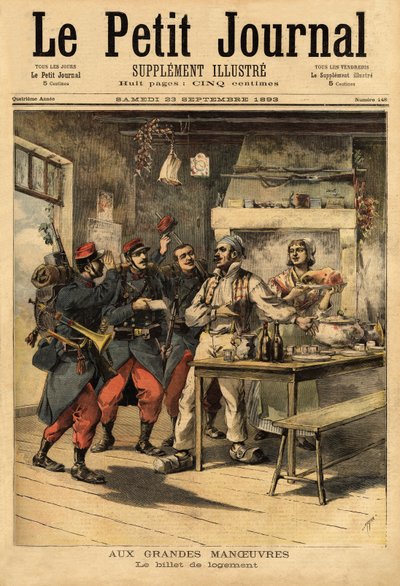 Het onderkomensticket, verstrekt door het leger aan zijn soldaten in het veld om onderdak te vragen bij burgers. Gravure in 