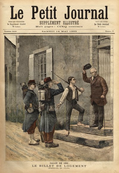 Het accommodatiebiljet, dat tijdens de Napoleontische periode loopt, wordt door het leger aan zijn soldaten verstrekt en draagt de naam en locatie van een bepaalde last om soldaten in het veld te huisvesten. Gravure naar een schilderij van Cres, in 