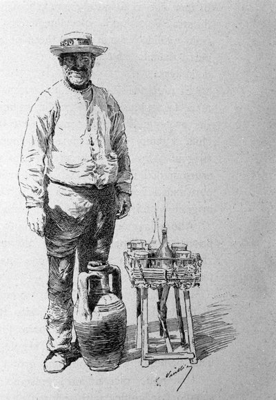 De acquaiolo: de waterdrager in Sicilië, hij ging van huis tot huis om water aan de bewoners te distribueren. Gravure uit de 19e eeuw door Unknown artist