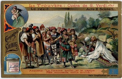 De daad II scène 1. Illustratie voor de opera Il trovatore door Giuseppe Verdi (1813-1901). Chromolithografie (Chromo) Liebig uit het einde van de 19e eeuw. door Unknown artist
