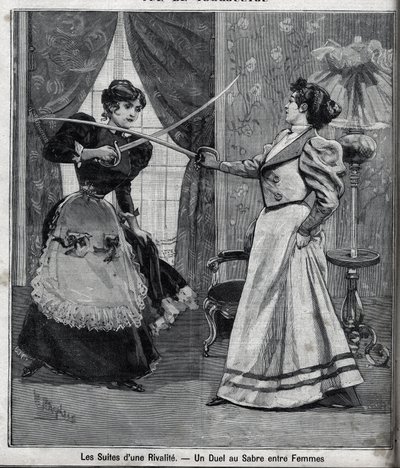 De nasleep van een rivaliteit: een zwaardduel tussen vrouwen. Gravure in 