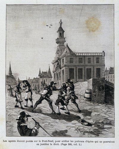 De agenten stonden op de Pont Neuf om degenen te stoppen die hun recht niet konden rechtvaardigen door Unknown artist