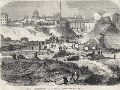 Het amfitheater Gallo Romain ontdekt aan de Rue Monge in Parijs in 1870, tegenwoordig de Arènes de Lutèce. Gravure uit de 19e eeuw. door Unknown artist
