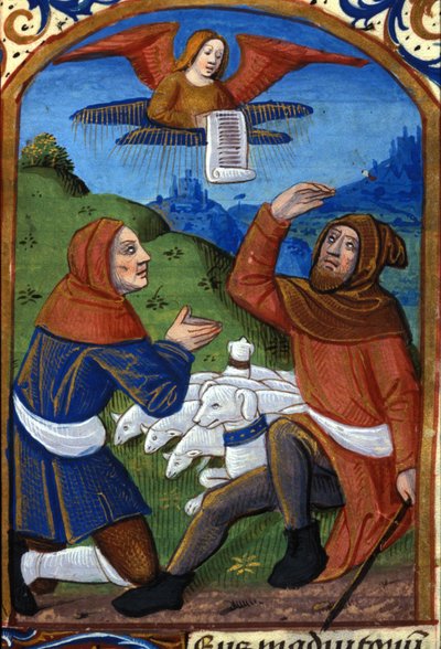 De engel kondigt de herders de geboorte van Jezus aan. 15e-eeuws manuscript. Biblioteca Nazionale Braidense, Milaan door Unknown artist