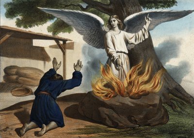 De engel verschijnt aan Gideon om het volk van Israël te bevrijden van de bezetting door de Midianieten. Anonieme gravure uit het midden van de 19e eeuw. door Unknown artist