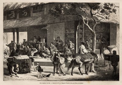 De animatie van een huis en de activiteiten van de straat. Gravure ter illustratie van de reis naar Japan, in 1863-1864, door Aime Humbert, minister van de Zwitserse Confederatie, in Le tour du monde, nouveau journal des voyages door Unknown artist