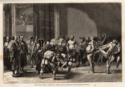 De voorbereidingen voor sumoworstelen, de atleten warmen op, strekken, worden gestyled en concentreren zich voor het gevecht. Gravure ter illustratie van de reis naar Japan, door Aime Humbert, minister van de Zwitserse Confederatie, in 1863-1864, gepublice door Unknown artist