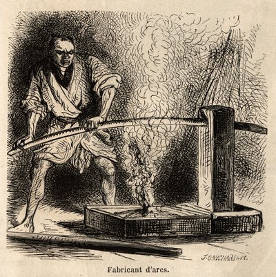De boogmaker in zijn werkplaats, stelt het hout bloot aan de vlam van een vuur van spaanders, om ze de nodige buiging van hun kromming te geven. Gravure ter illustratie van de reis naar Japan, door Aime Humbert, minister van de Zwitserse Confederatie, in 1 door Unknown artist